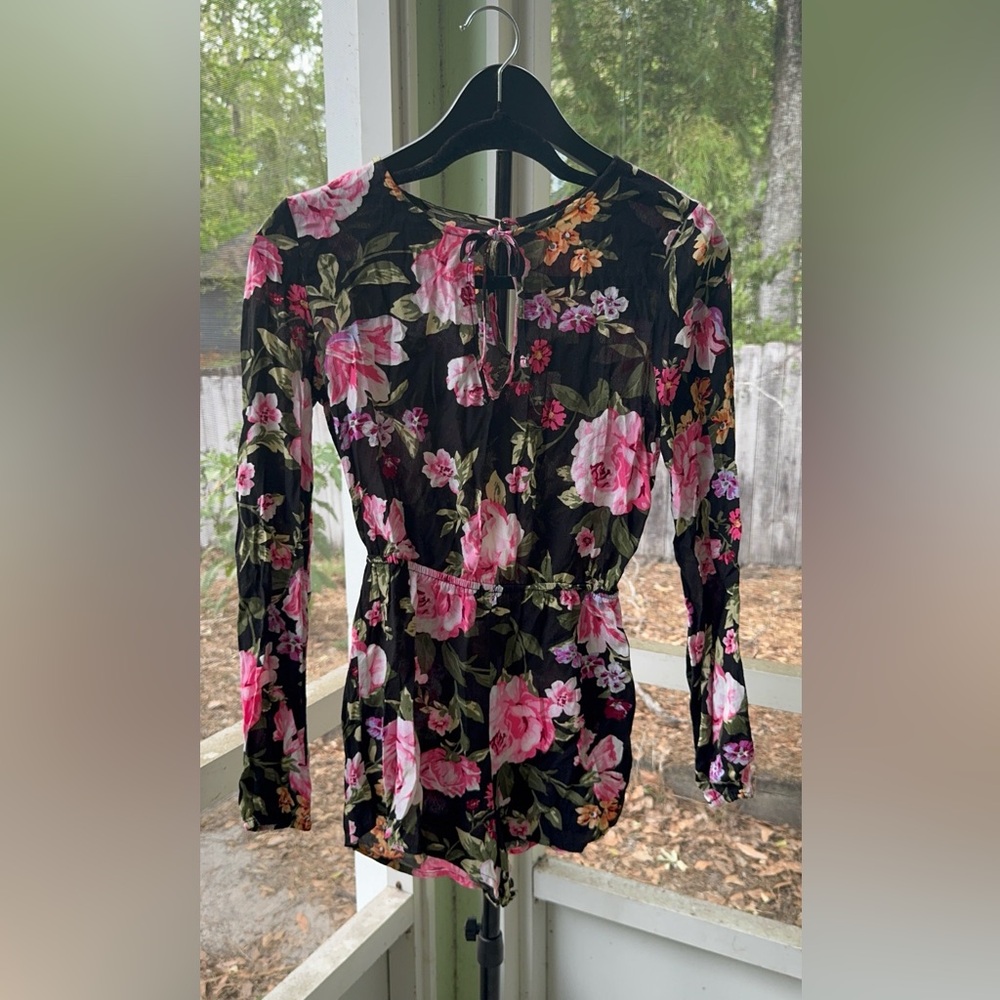 Forever 21 Black Long-Sleeve Floral Tie-Neck Dress with Pink Blossoms